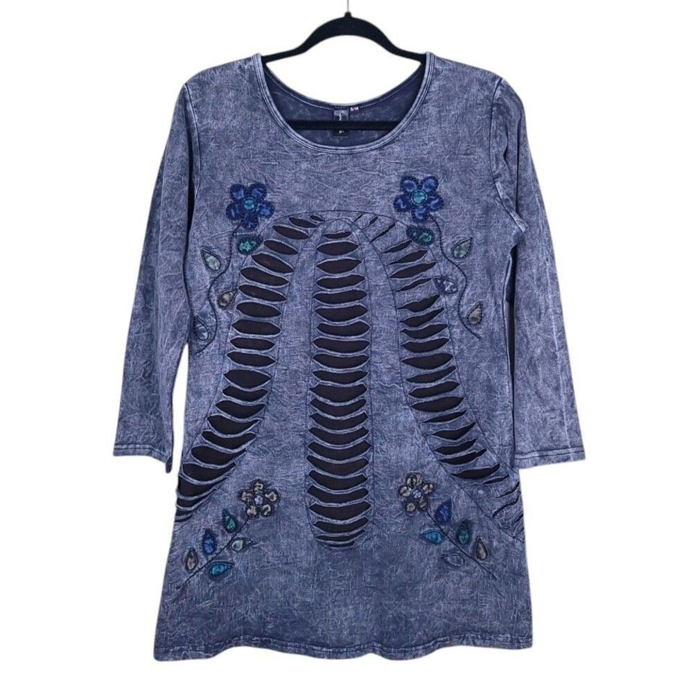 Sacred Threads Mineral Wash Slashed Cutout Floral Tunic Dress Size S/M